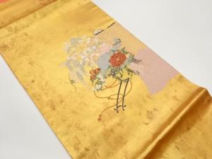 引箔花車模様織出し開き名古屋帯（額縁仕立て）